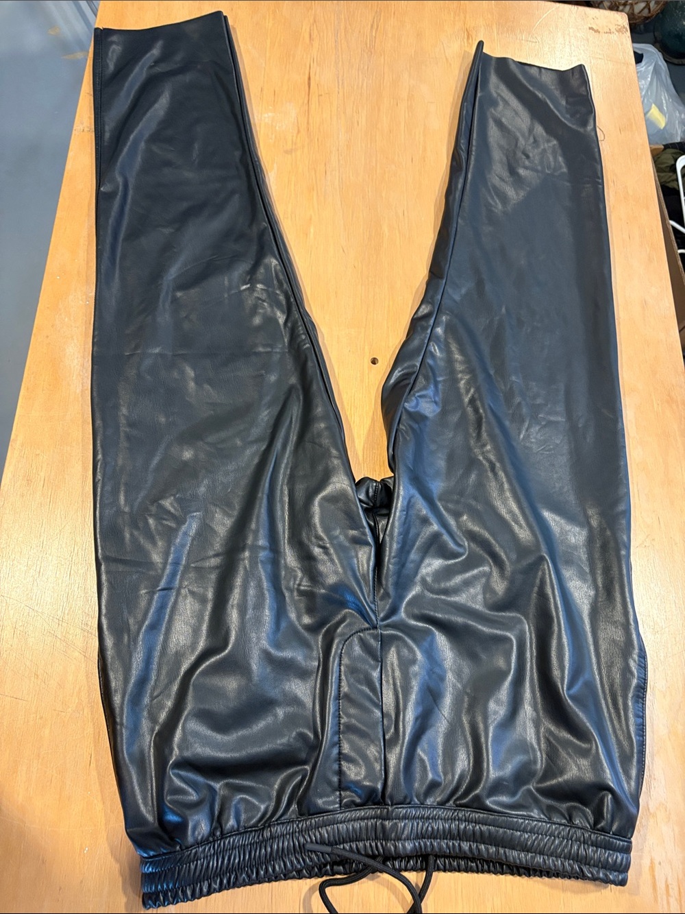Men’s Black Faux Leather Pants  Pants Lined Elastic Waist